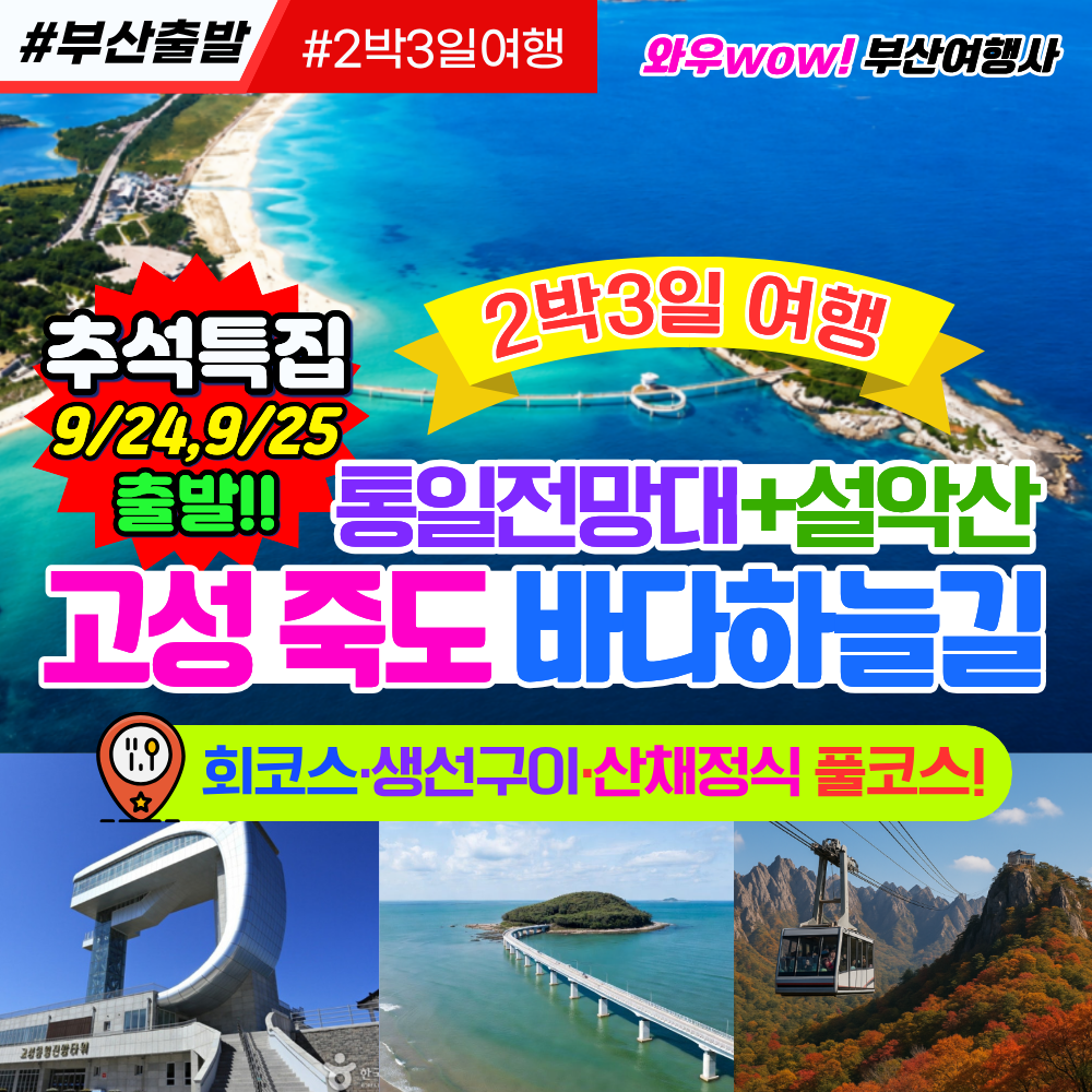 [부산출발/추석특집] 고성 죽도바다하늘길 +통일전망대 삼척 동해 설악 가을여행 2박3일